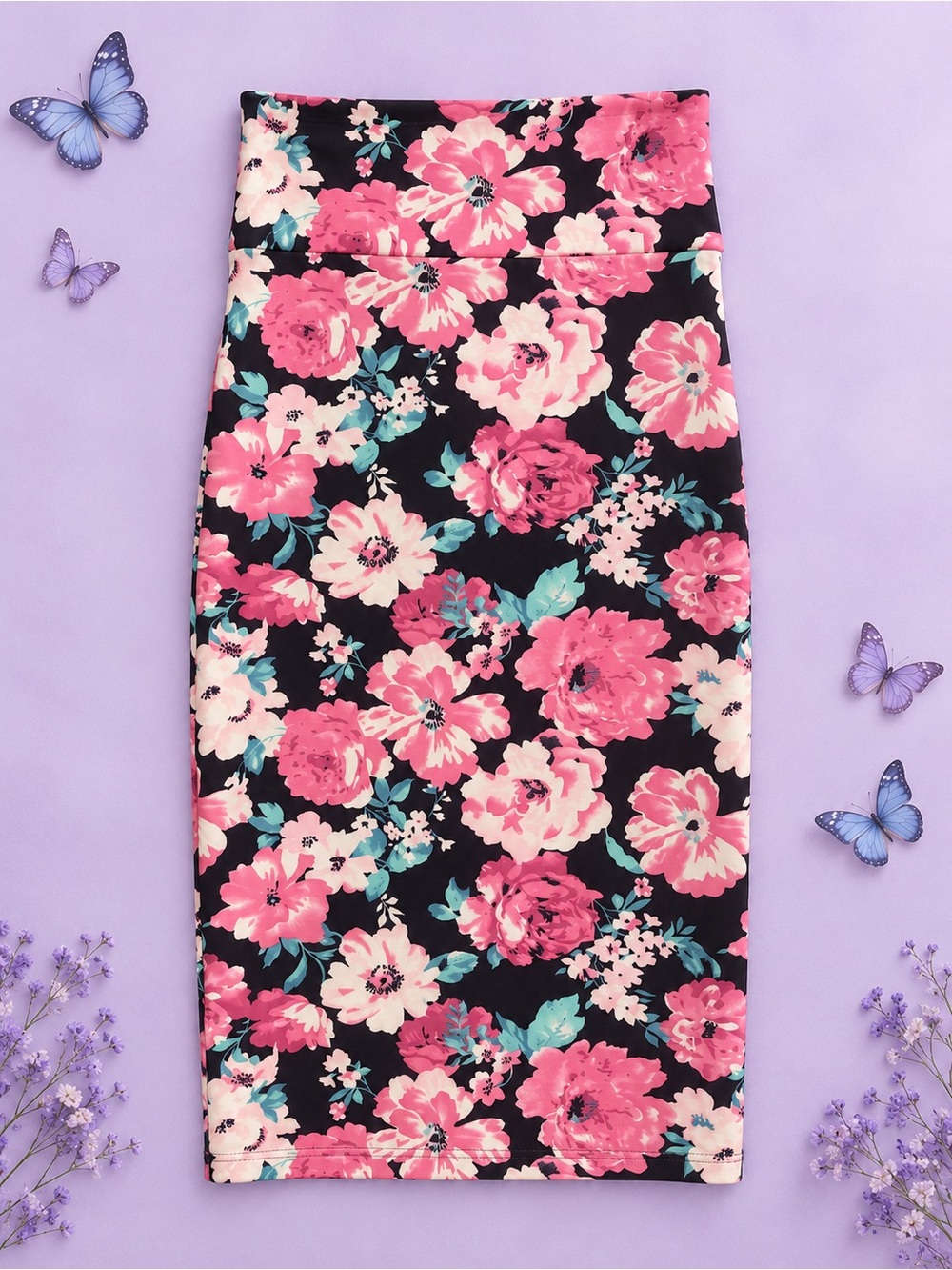Agnes & Dora Black Pencil Skirt with Pink Floral Print